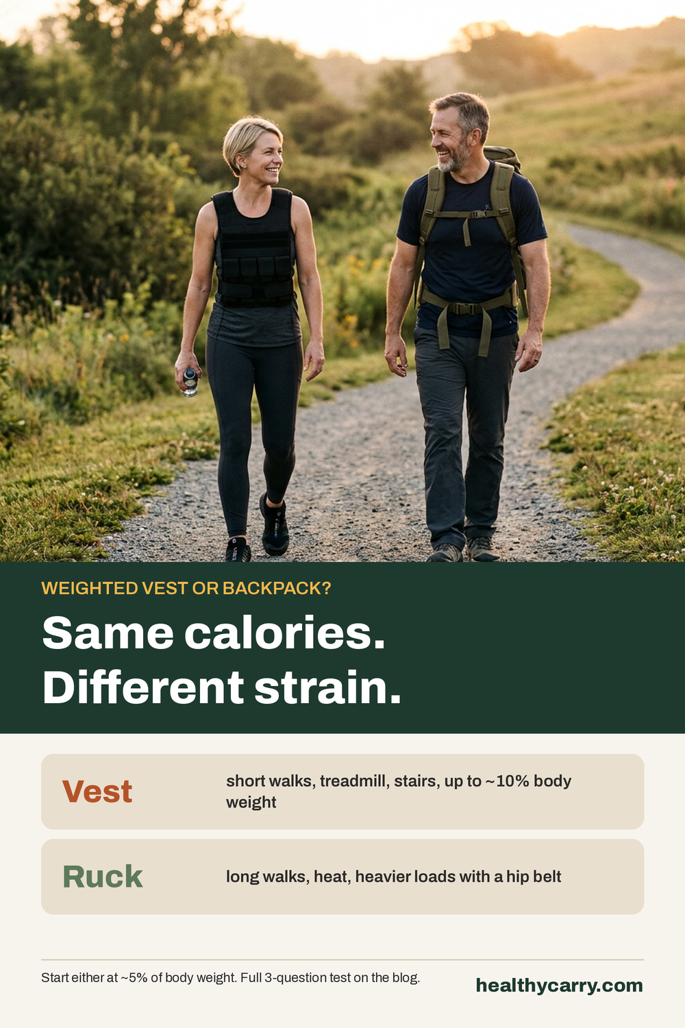 Pinterest pin: Weighted vest or rucking backpack? Same calories, different strain. Vest for short walks and stairs, backpack for long walks and heat. Start at 5% of body weight. HealthyCarry guide.